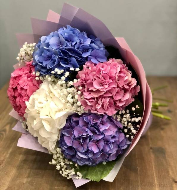 Букет из 5 гортензии и гипсофилы